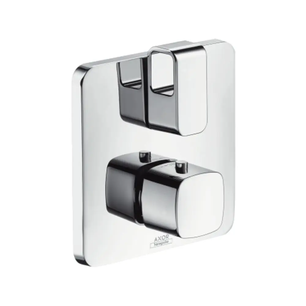 Chromfarbener Thermostat mit Absperrventil, montiert auf einer quadratischen Platte. Das Design stammt von AXOR und zeigt zwei Bedienknebel für unterschiedliche Funktionen.